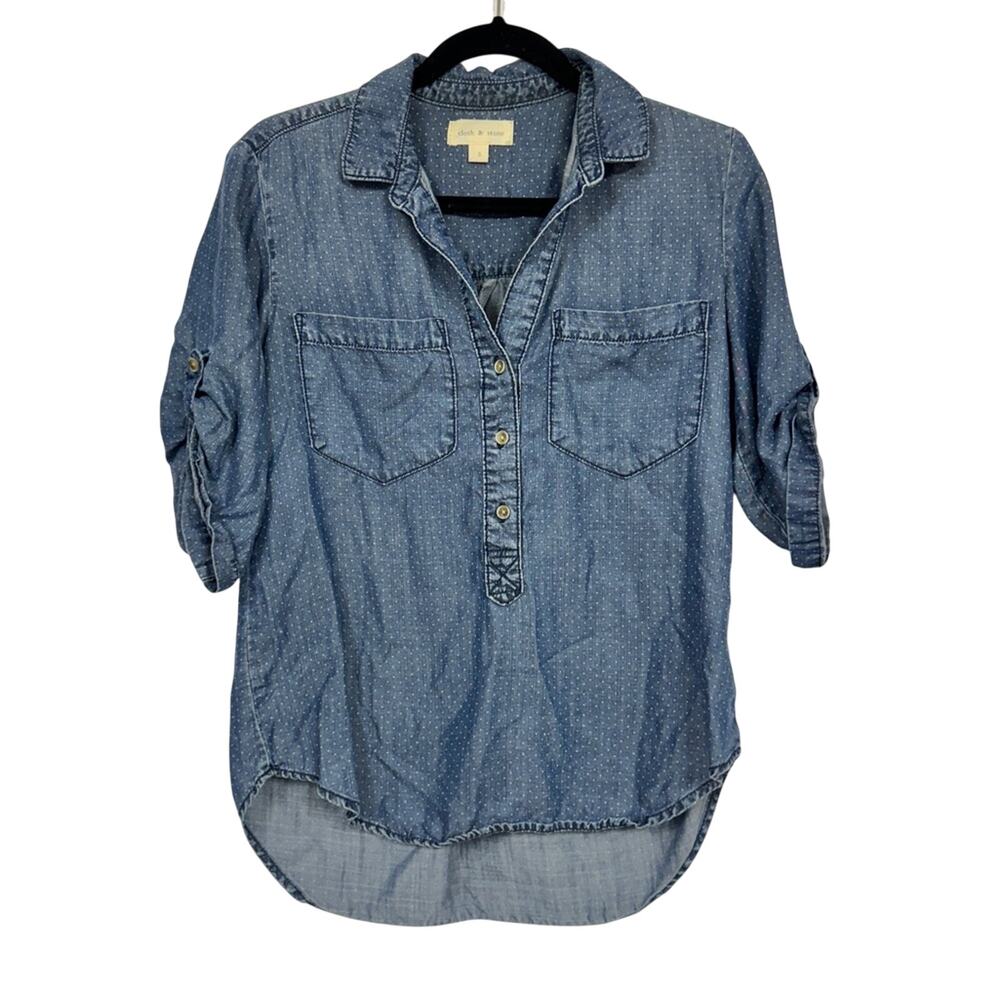Cloth & Stone Anthro Blue Chambray Henley Blouse Womens S 3/4 Sleeve Beachy Top
